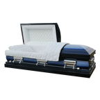 Midnight Blue casket — blue 18-gauge steel with white velvet interior (view 2)