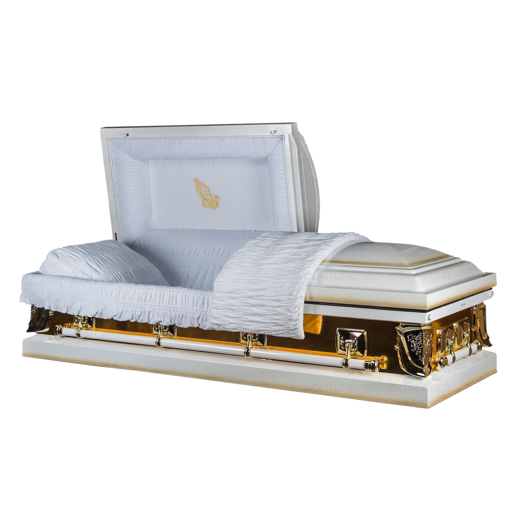 Mirror Gold Metal Casket — gold 18-gauge steel with white velvet interior (view 2)