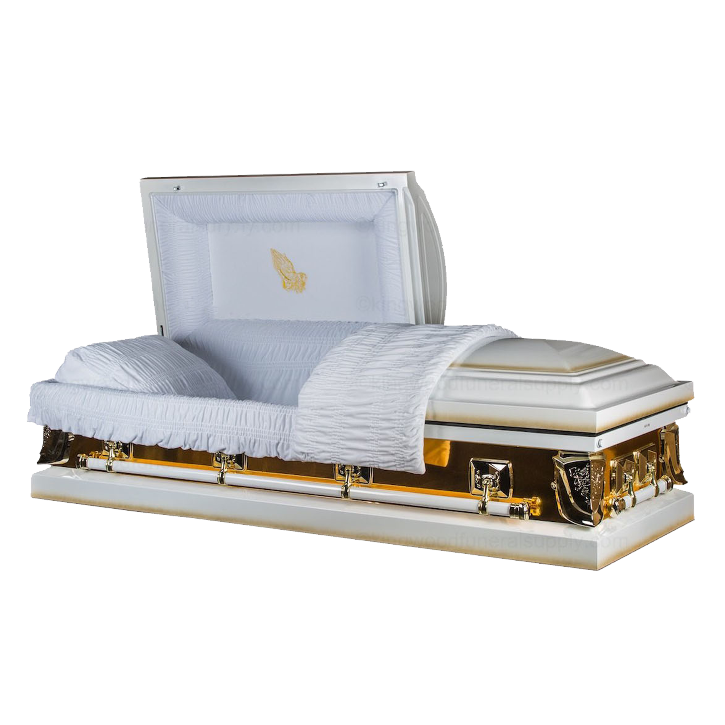 Mirror Gold Metal Casket — gold 18-gauge steel with white velvet interior (view 2)