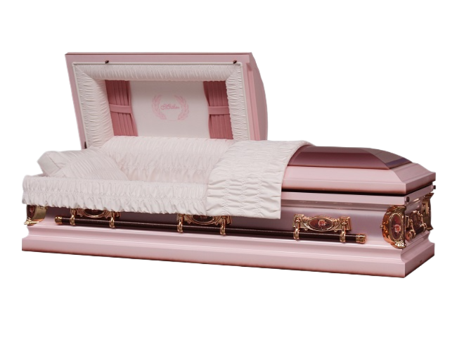Mother Pink casket — pink 18-gauge steel with pink velvet interior (view 2)