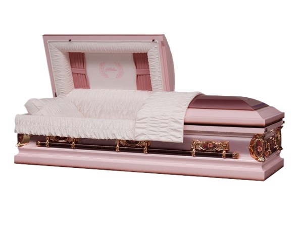 Mother Pink casket — pink 18-gauge steel with pink velvet interior