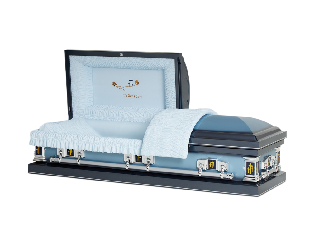 Neptune Blue Cross casket — blue 20-gauge steel with blue crepe interior (view 2)