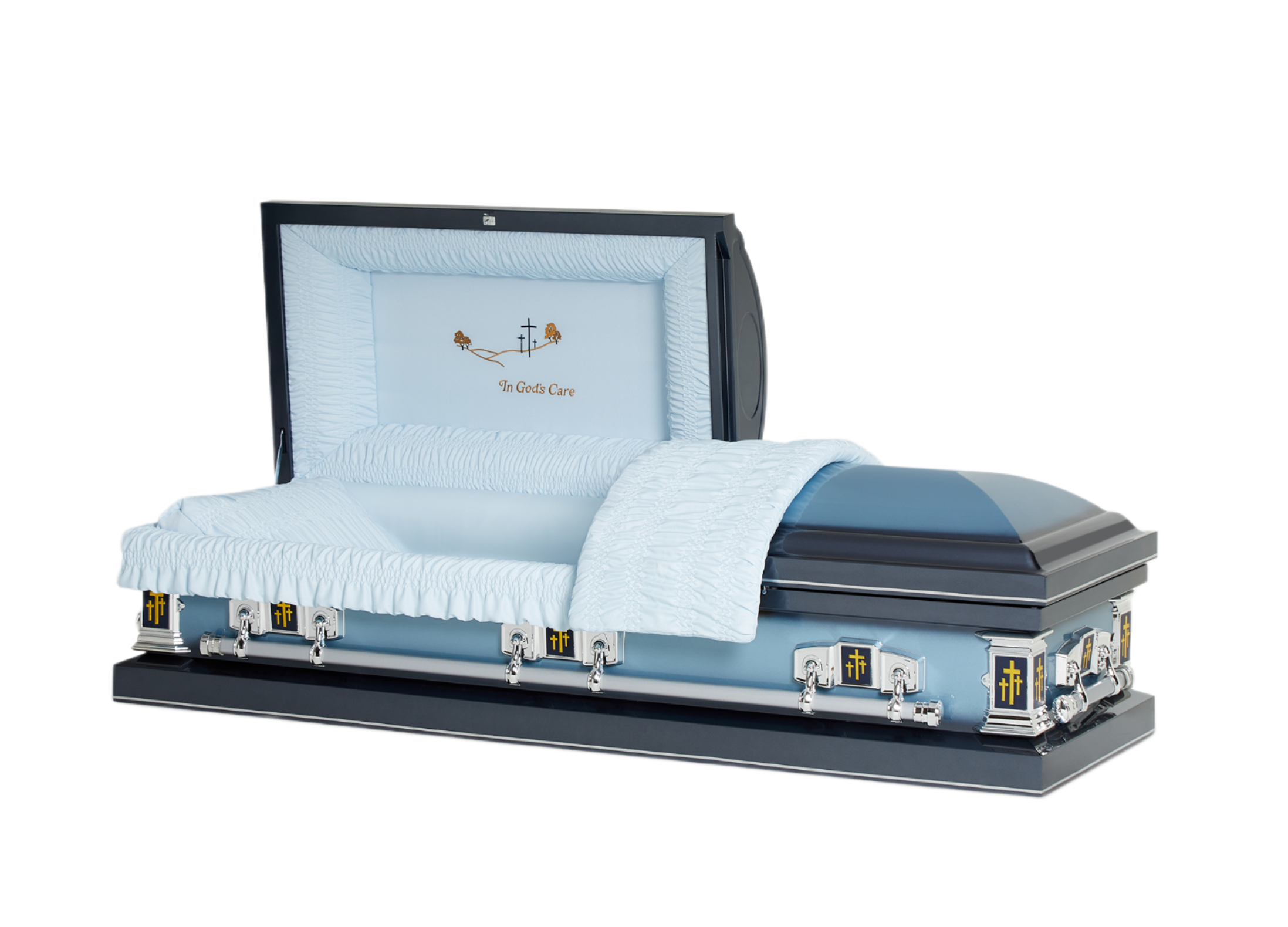 Neptune Blue Cross casket — blue 20-gauge steel with blue crepe interior (view 2)