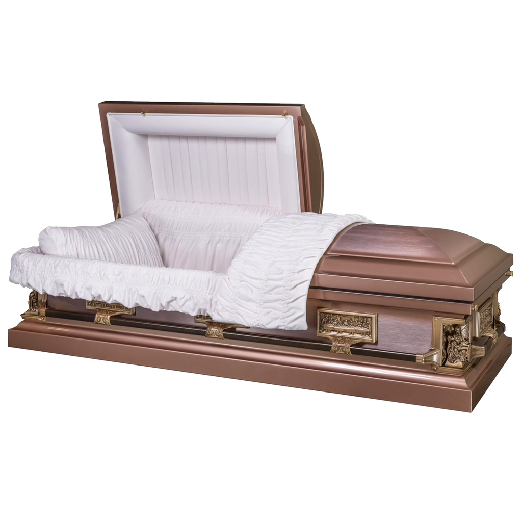 New York Pieta Topaz casket — brown 18-gauge steel with white velvet interior (view 2)