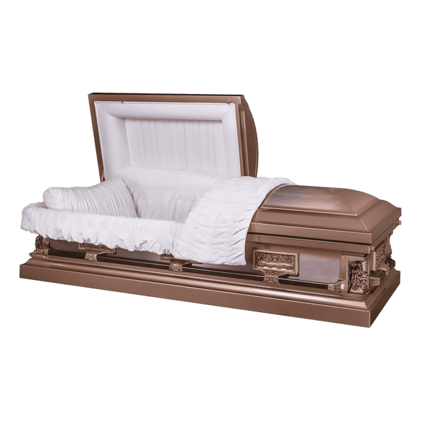 New York Pieta Topaz casket — brown 18-gauge steel with white velvet interior