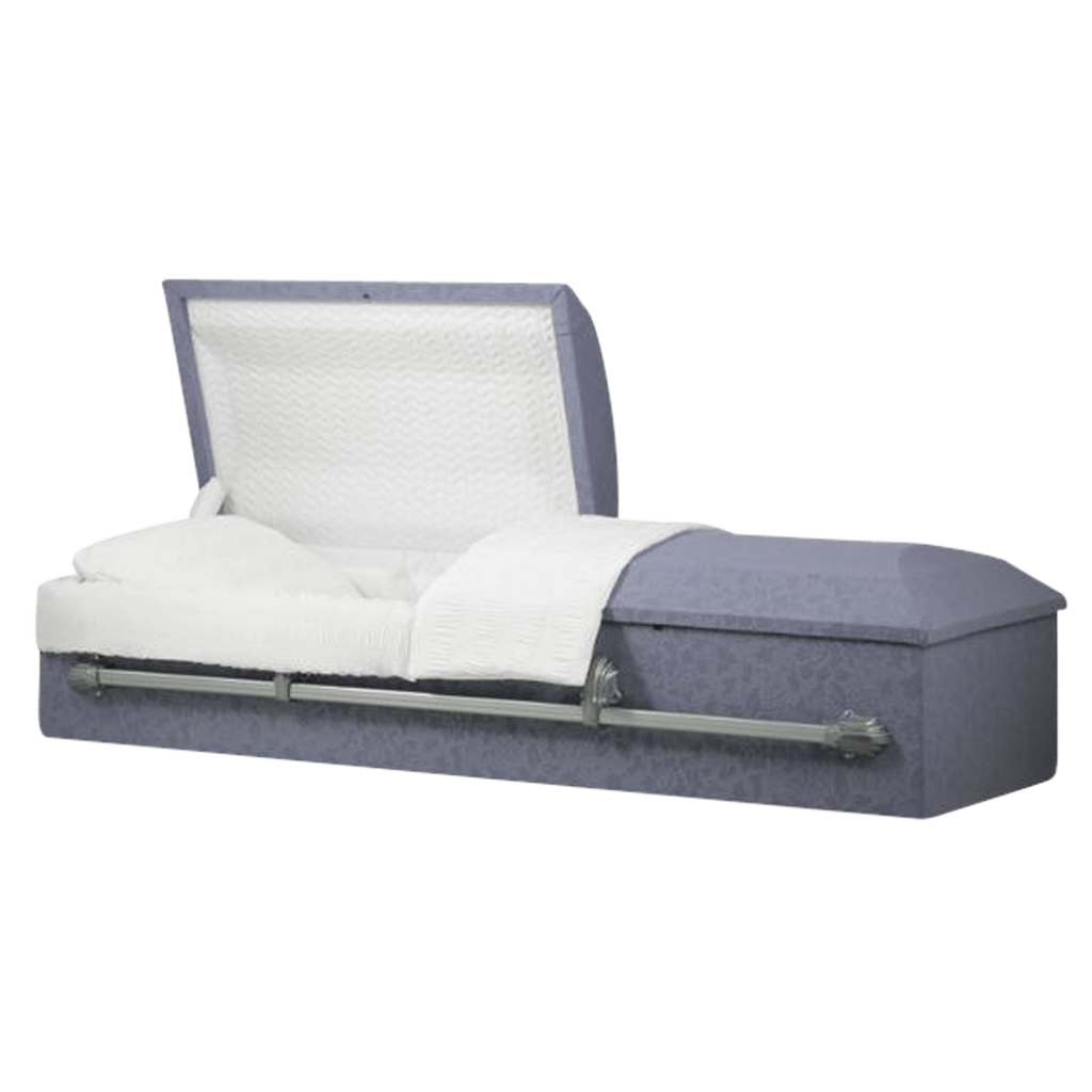 Norfolk Cremation casket — purple steel with ivory crepe interior (view 2)