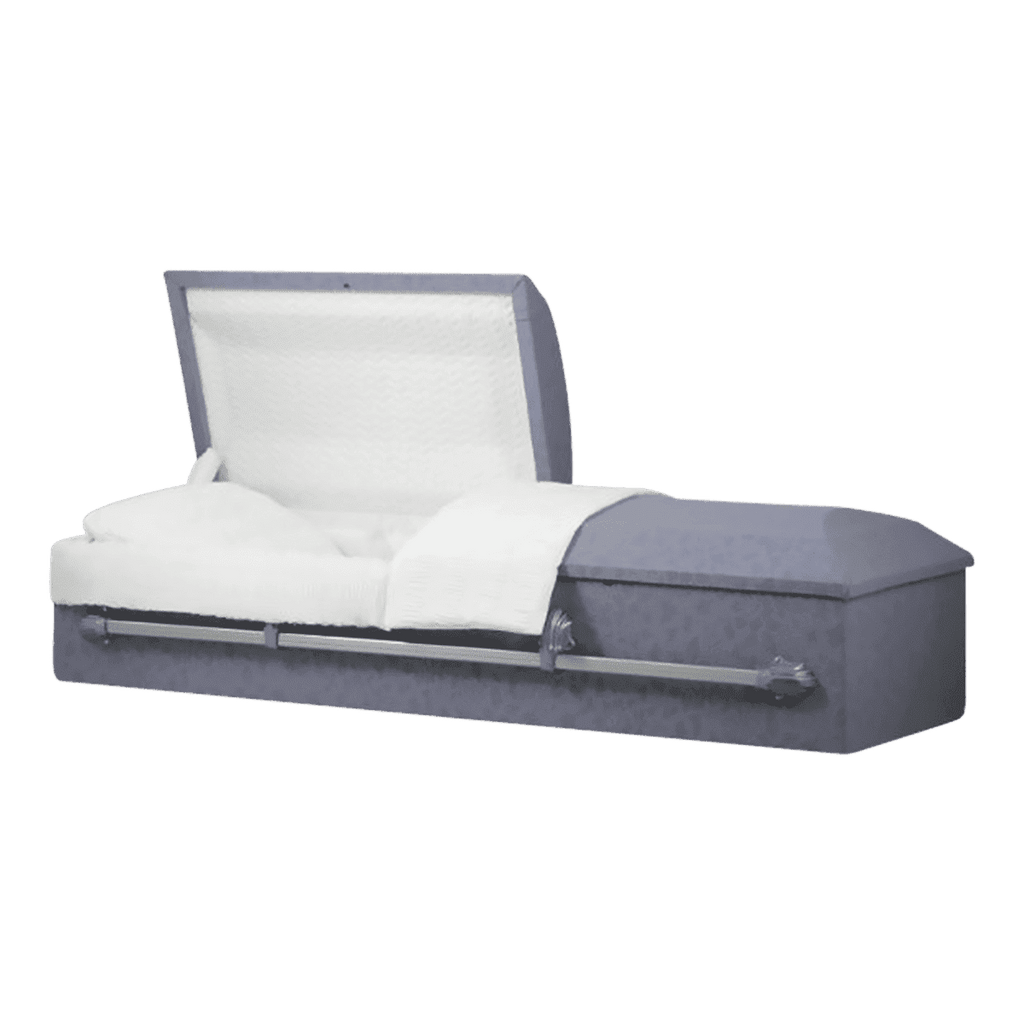 Norfolk Cremation casket — purple steel with ivory crepe interior