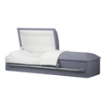 Norfolk Cremation casket — purple steel with ivory crepe interior