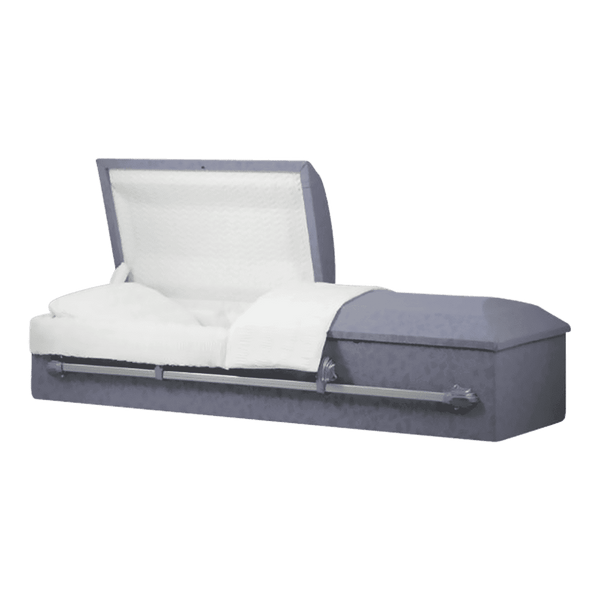 Norfolk Cremation casket — purple steel with ivory crepe interior