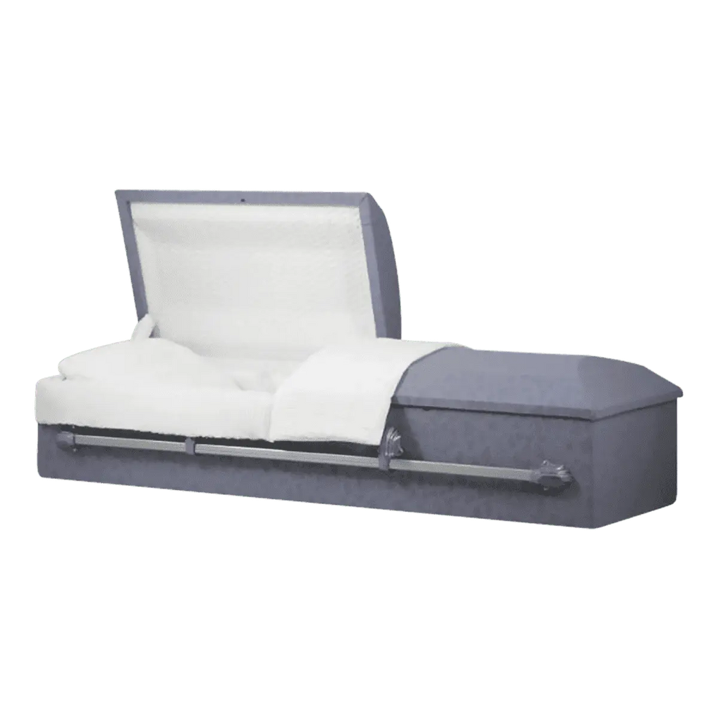 Norfolk Cremation casket — purple steel with ivory crepe interior (view 3)