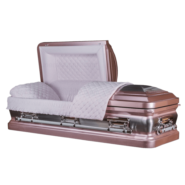 Onyx Rose Metal Casket — rose 18-gauge steel with pink velvet interior
