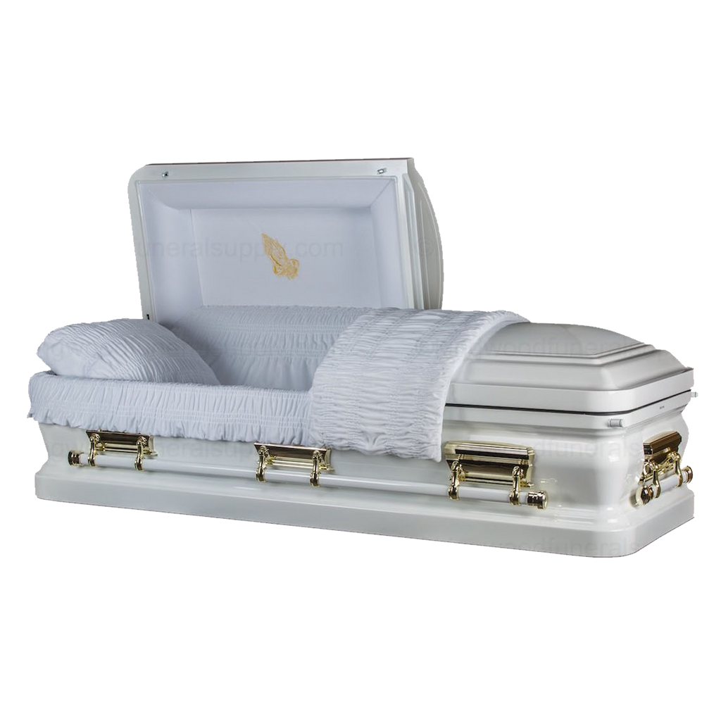 Onyx White Metal Casket — white 18-gauge steel with white velvet interior (view 2)