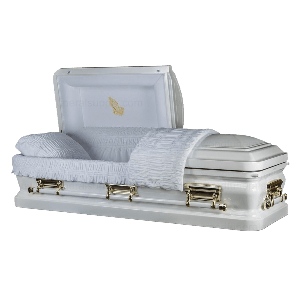 Onyx White Metal Casket — white 18-gauge steel with white velvet interior