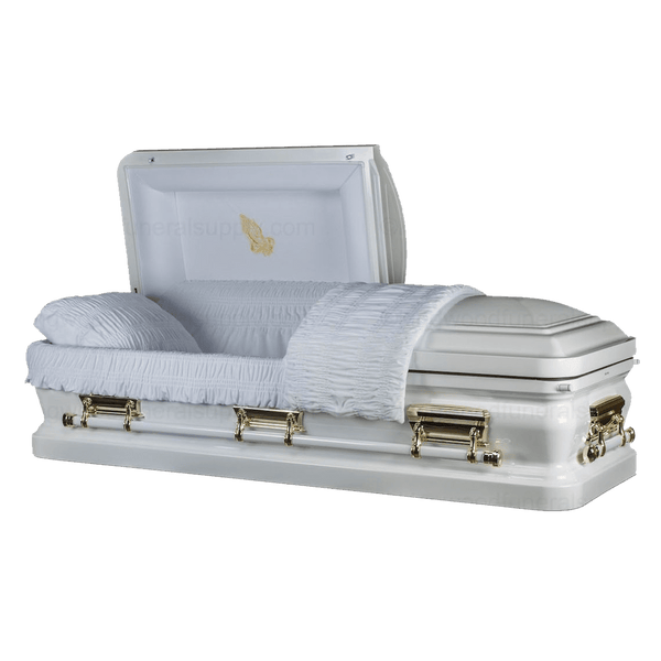 Onyx White Metal Casket — white 18-gauge steel with white velvet interior