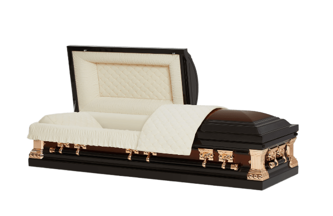 Orion Series Aegean Copper casket — black 18-gauge steel with ivory velvet interior