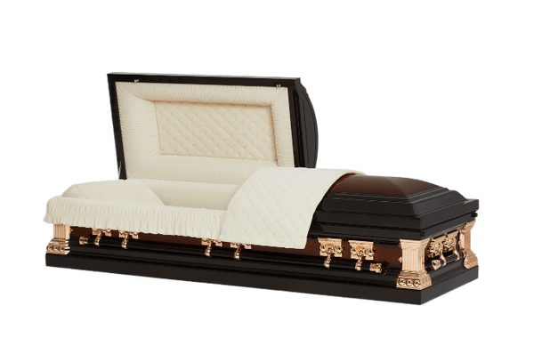 Orion Series Aegean Copper casket — black 18-gauge steel with ivory velvet interior