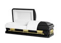 Orion Series Black and Gold Bar casket — black 18-gauge steel with white velvet interior