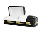 Orion Series Black and Gold Bar casket — black 18-gauge steel with white velvet interior