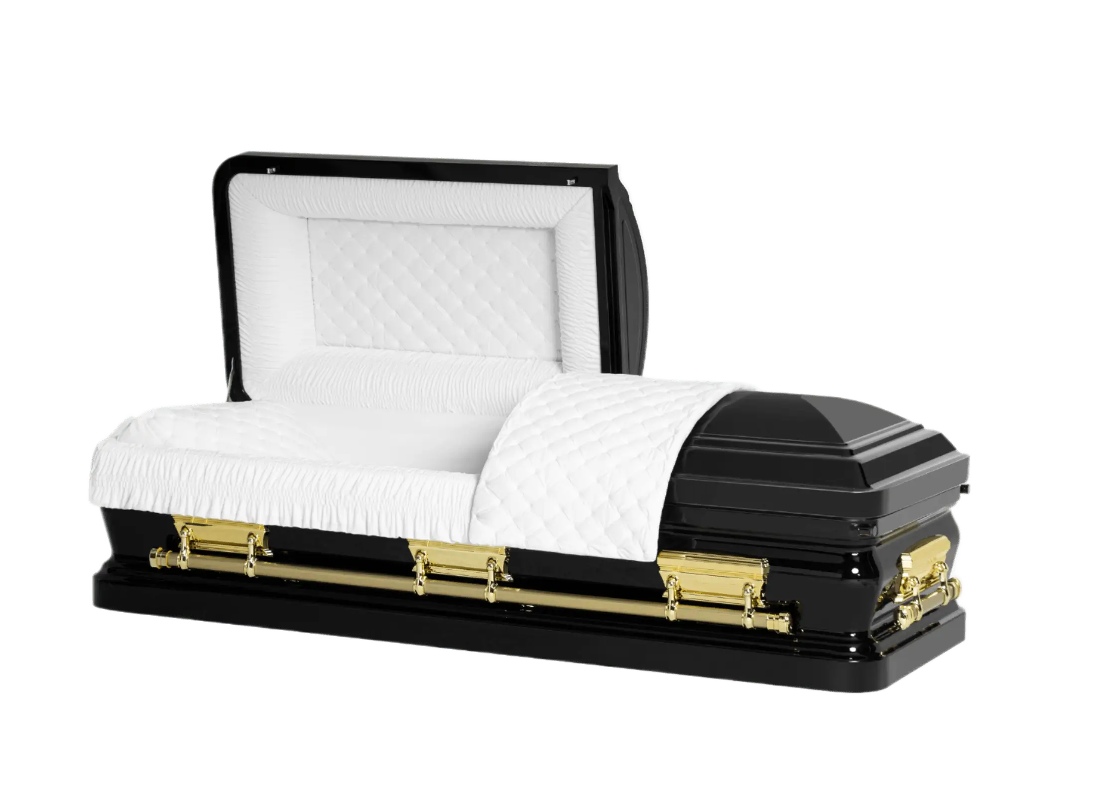 Orion Series Black and Gold Bar casket — black 18-gauge steel with white velvet interior
