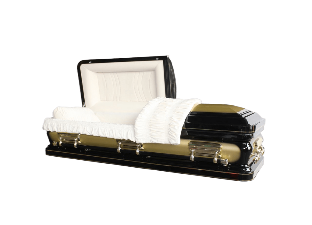 Orion Series Black and Gold Brush casket — black 18-gauge steel with ivory velvet interior (view 2)