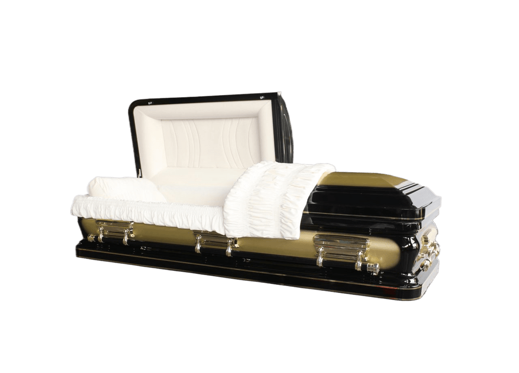 Orion Series Black and Gold Brush casket — black 18-gauge steel with ivory velvet interior