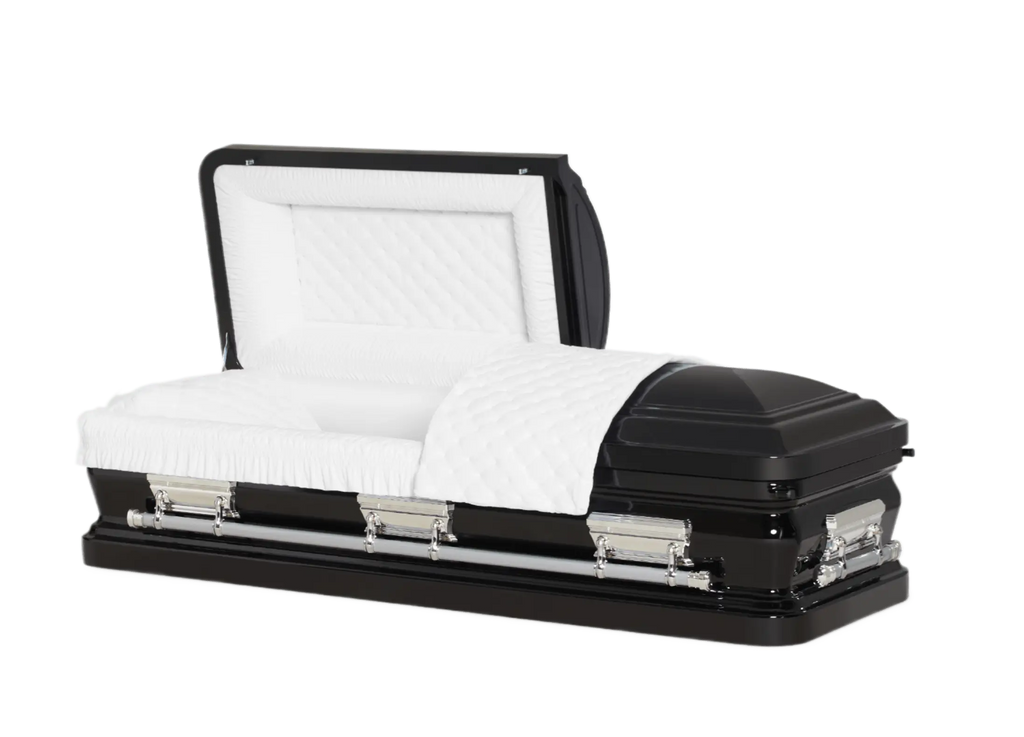 Orion Series Black and Silver Bar casket — black 18-gauge steel with white velvet interior (view 2)