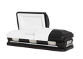 Orion Series Black and Silver Bar casket — black 18-gauge steel with white velvet interior