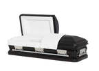 Orion Series Black and Silver Bar casket — black 18-gauge steel with white velvet interior