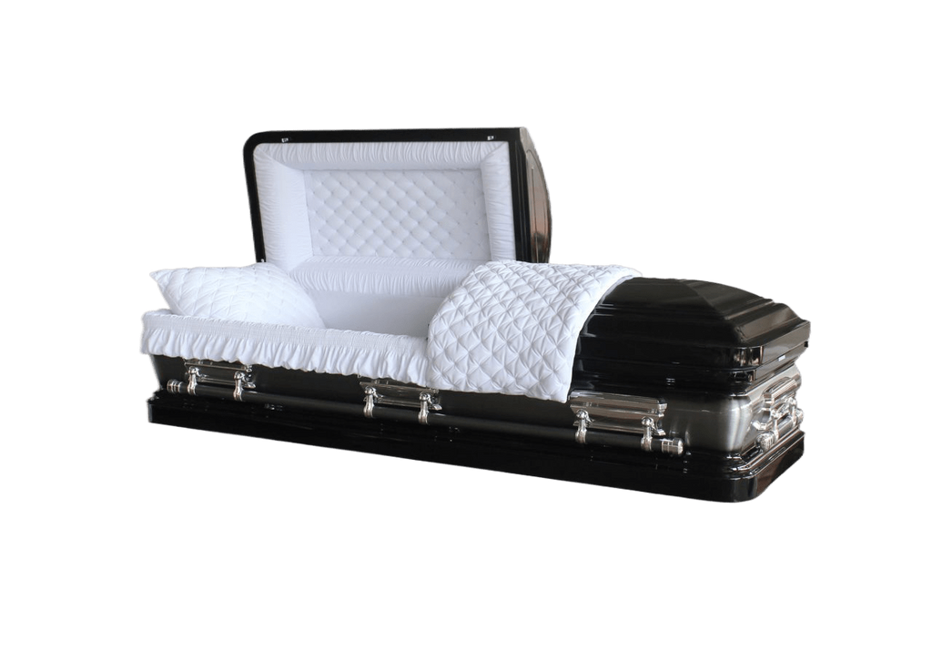 Orion Series Black And Silver Brush casket — black 18-gauge steel with white velvet interior (view 2)