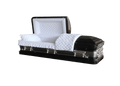 Orion Series Black And Silver Brush casket — black 18-gauge steel with white velvet interior