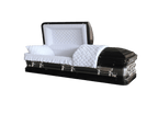 Orion Series Black And Silver Brush casket — black 18-gauge steel with white velvet interior