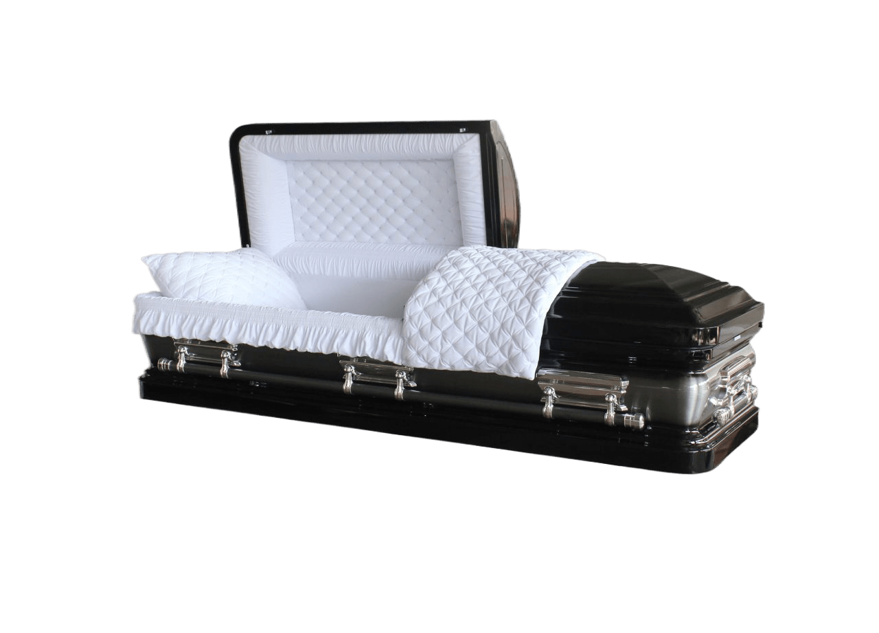Orion Series Black And Silver Brush casket — black 18-gauge steel with white velvet interior