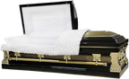 Orion Series Black/Gold Accents casket — black 18-gauge steel with white velvet interior (view 2)