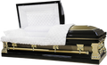 Orion Series Black/Gold Accents casket — black 18-gauge steel with white velvet interior