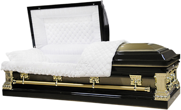 Orion Series Black/Gold Accents casket — black 18-gauge steel with white velvet interior