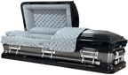 Orion Series Black/Gray casket — black 18-gauge steel with gray velvet interior (view 2)
