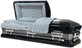 Orion Series Black/Gray casket — black 18-gauge steel with gray velvet interior