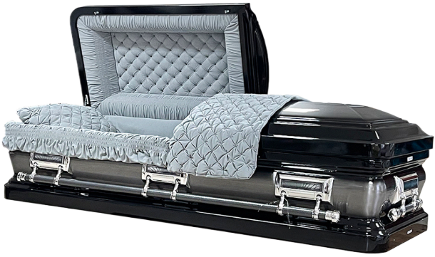 Orion Series Black/Gray casket — black 18-gauge steel with gray velvet interior