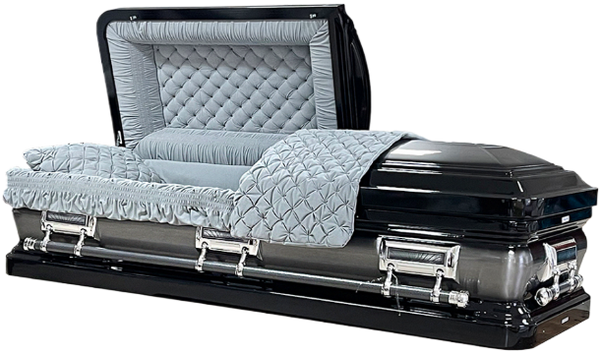 Orion Series Black/Gray casket — black 18-gauge steel with gray velvet interior