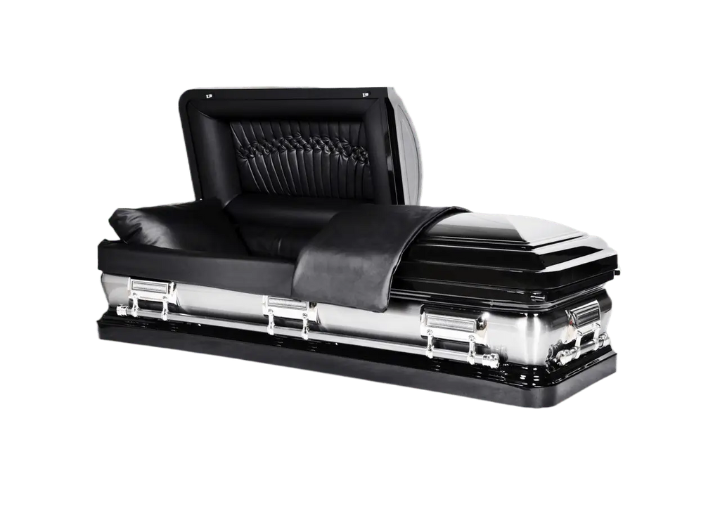 Orion Series Black Leather casket — black 18-gauge steel with black brushed interior (view 2)