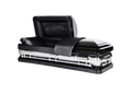 Orion Series Black Leather casket — black 18-gauge steel with black brushed interior