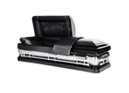 Orion Series Black Leather casket — black 18-gauge steel with black brushed interior