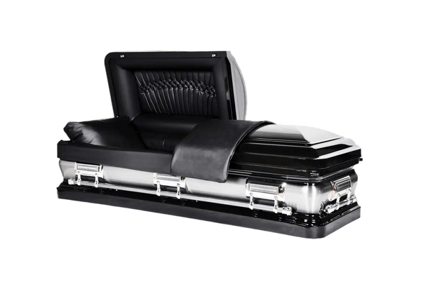 Orion Series Black Leather casket — black 18-gauge steel with black brushed interior