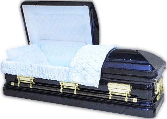 Orion Series Blue and Gold casket — blue 18-gauge steel with blue velvet interior