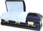 Orion Series Blue and Gold casket — blue 18-gauge steel with blue velvet interior