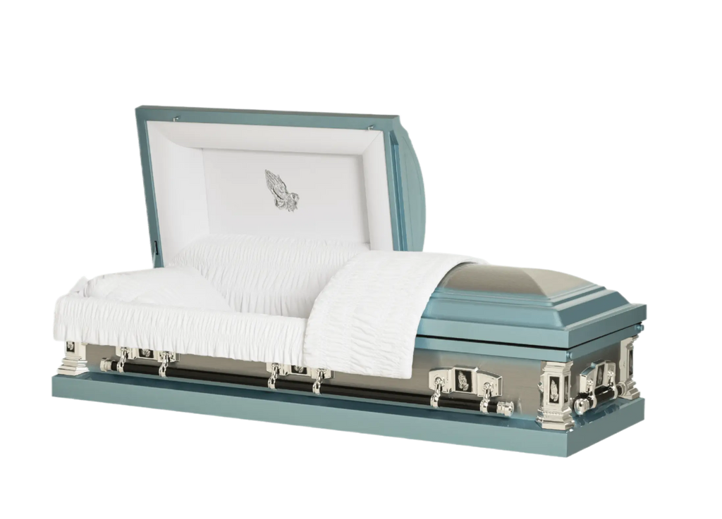 Orion Series Blue Praying Hands casket — blue 18-gauge steel with white velvet interior (view 2)