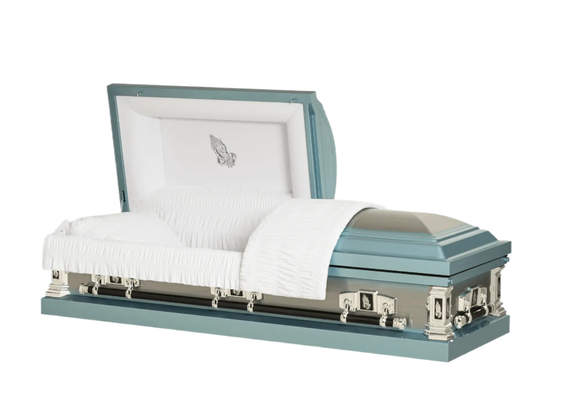 Orion Series Blue Praying Hands casket — blue 18-gauge steel with white velvet interior (view 2)