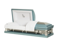 Orion Series Blue Praying Hands casket — blue 18-gauge steel with white velvet interior