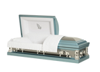 Orion Series Blue Praying Hands casket — blue 18-gauge steel with white velvet interior