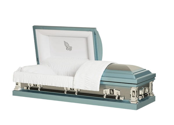 Orion Series Blue Praying Hands casket — blue 18-gauge steel with white velvet interior